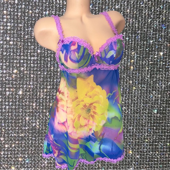 babydoll dress, lace, flowers purple blue green yellow iconic victoria’s secret. - Picture 1 of 6